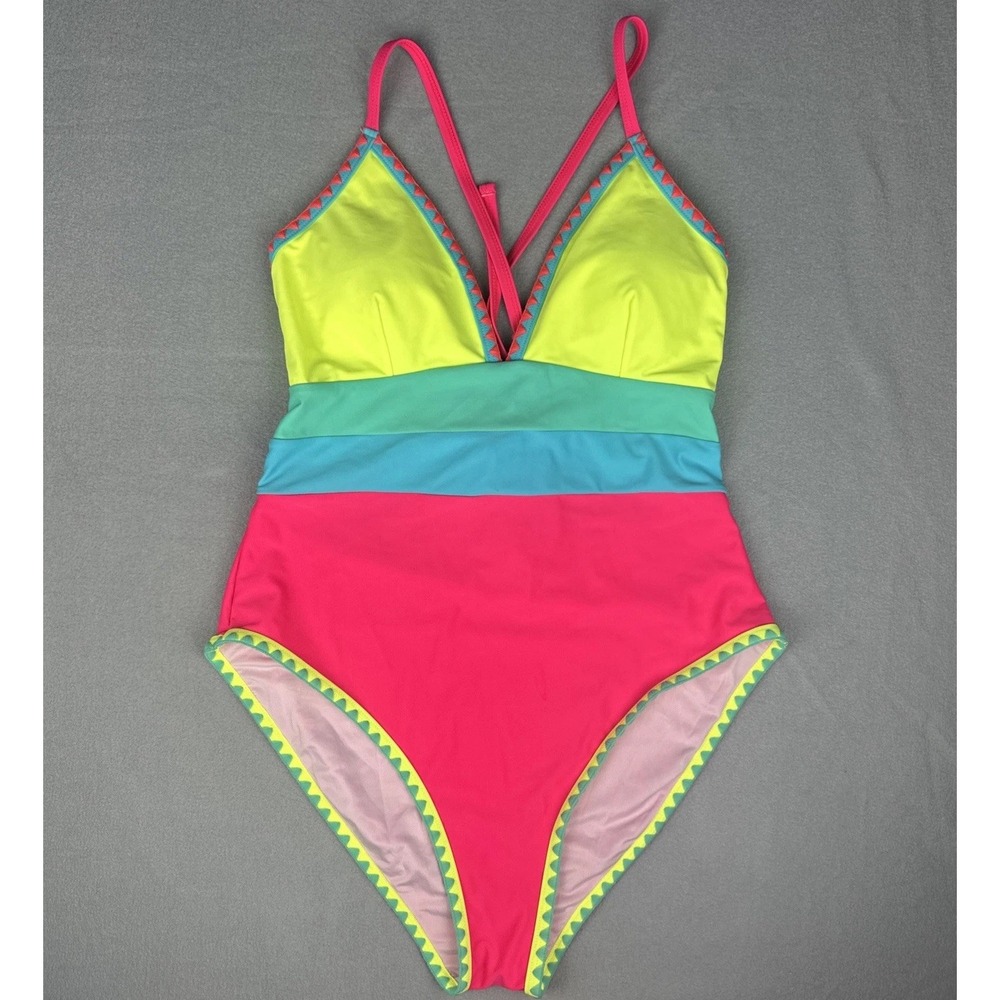 Popvil One Piece Swimsuit Womens XL Colorblock Neon Pink Blue Cutout Tie Back
